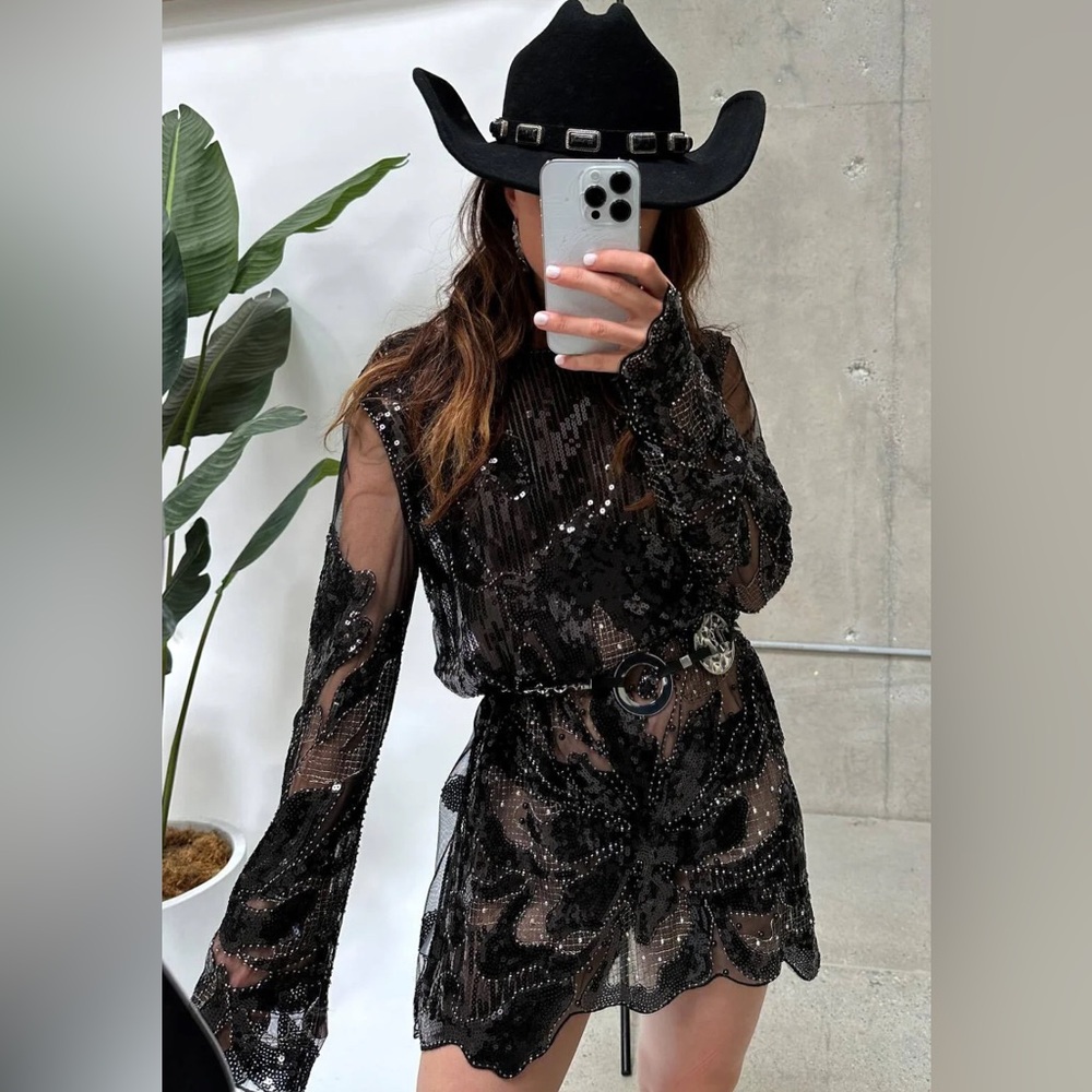 12th Tribe Black Sequin Long Sleeve Dress